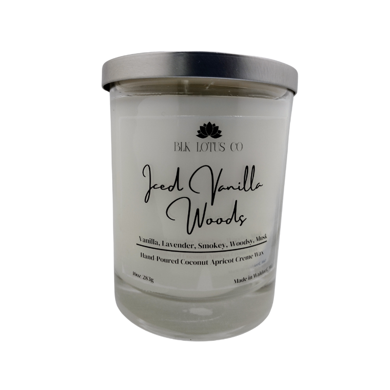 BLK Lotus Co Luxury Iced Vanilla Woods Candle – 10 oz Coco Apricot Crème Wax with Crackling Wooden Wick