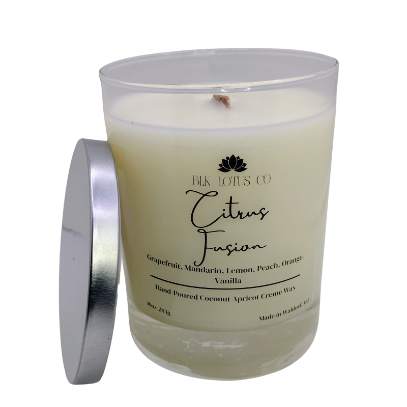 BLK Lotus Co Luxury Citrus Fusion Candle – 10 oz Coco Apricot Crème Wax with Crackling Wooden Wick