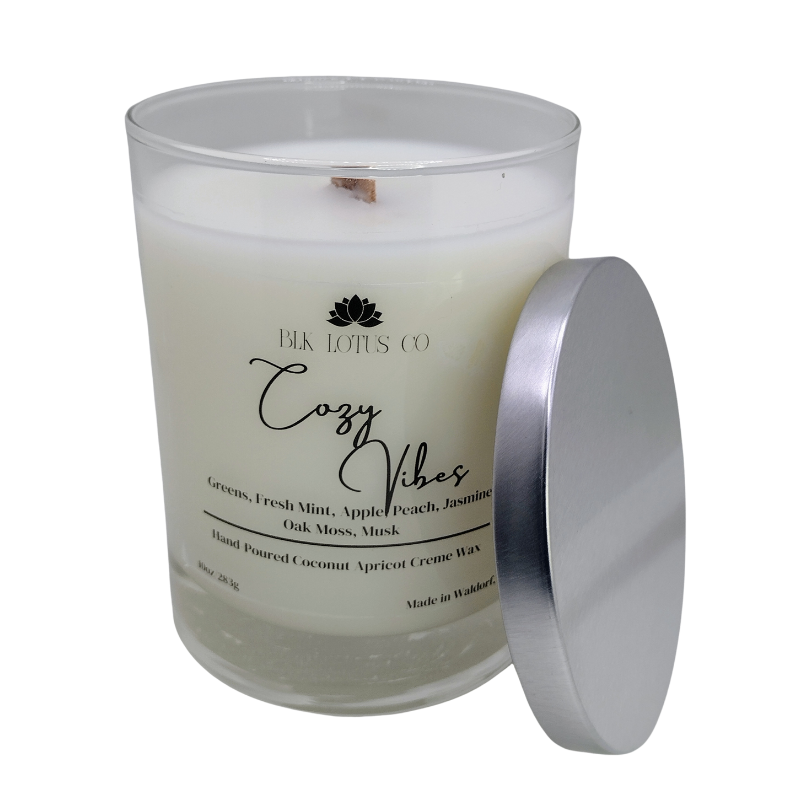 BLK Lotus Co Luxury Cozy Vibes Candle – 10 oz Coco Apricot Crème Wax with Crackling Wooden Wick