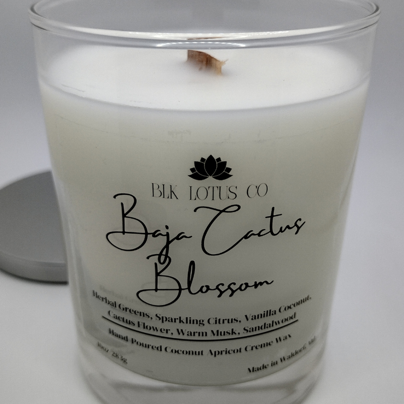 BLK Lotus Co Luxury Baja Cactus Blossom Candle – 10 oz Coco Apricot Crème Wax with Crackling Wooden Wick