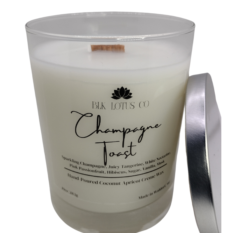 BLK Lotus Co Luxury Champagne Toast Candle – 10 oz Coco Apricot Crème Wax with Crackling Wooden Wick