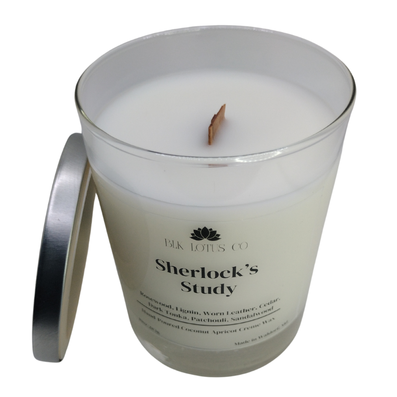 BLK Lotus Co Luxury Sherlock's Study Candle – 10 oz Coco Apricot Crème Wax with Crackling Wooden Wick