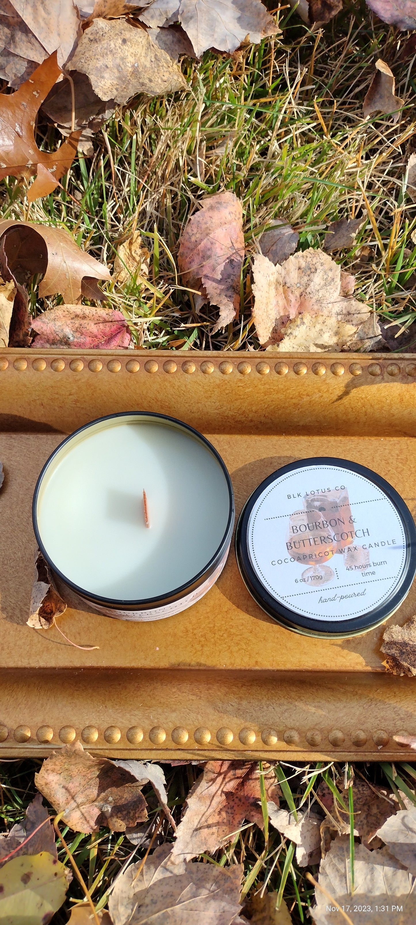 Bourbon & Butterscotch : 6 oz Black Matte Tin Coco Apricot Wax Candle Wooden wick