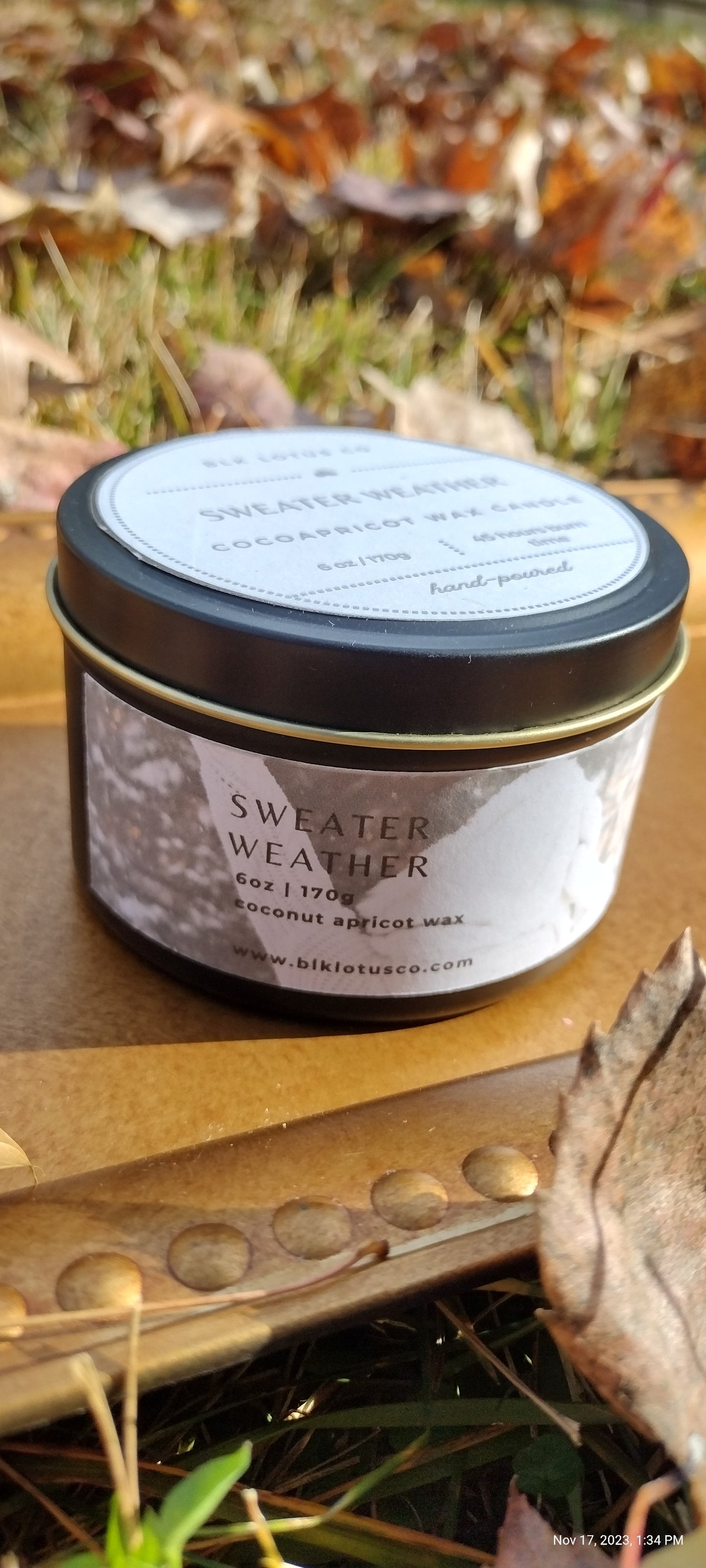 Embrace Cozy Vibes: 6 oz Black Tin Sweater Weather Coco Apricot Wax Candle with Wooden Wick