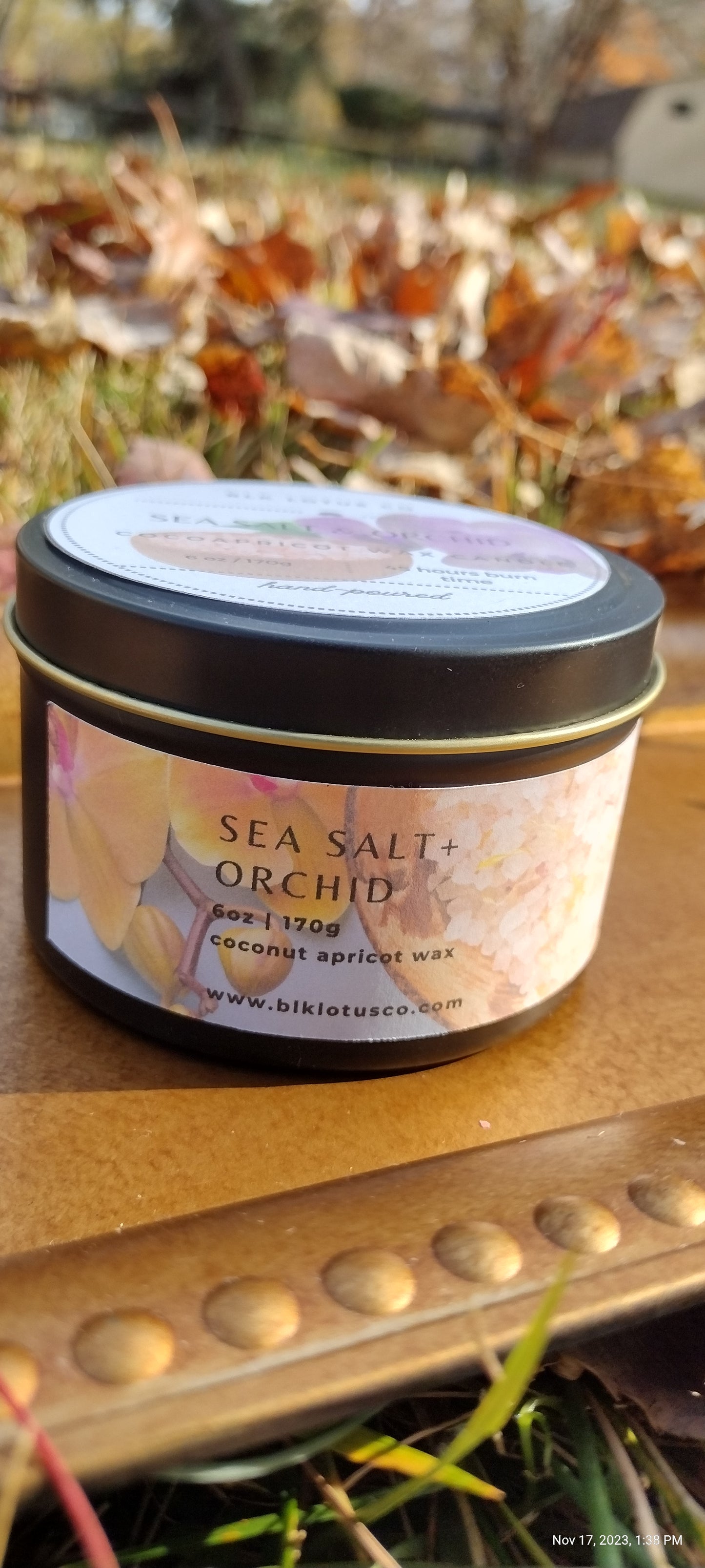 Sea Salt & Orchid Elegance: 6 oz Black Tin Coco Apricot Wax Candle with Wooden Wick