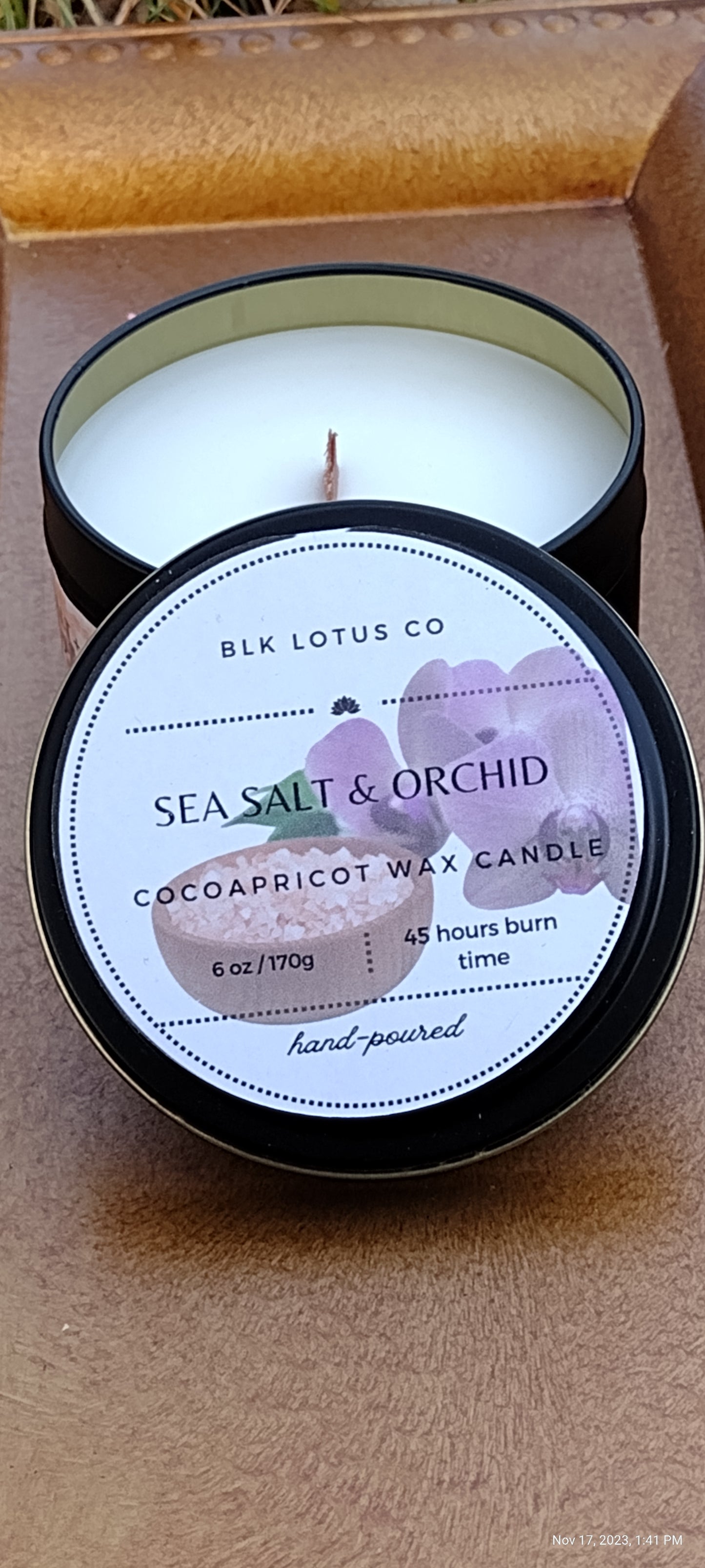 Sea Salt & Orchid Elegance: 6 oz Black Tin Coco Apricot Wax Candle with Wooden Wick