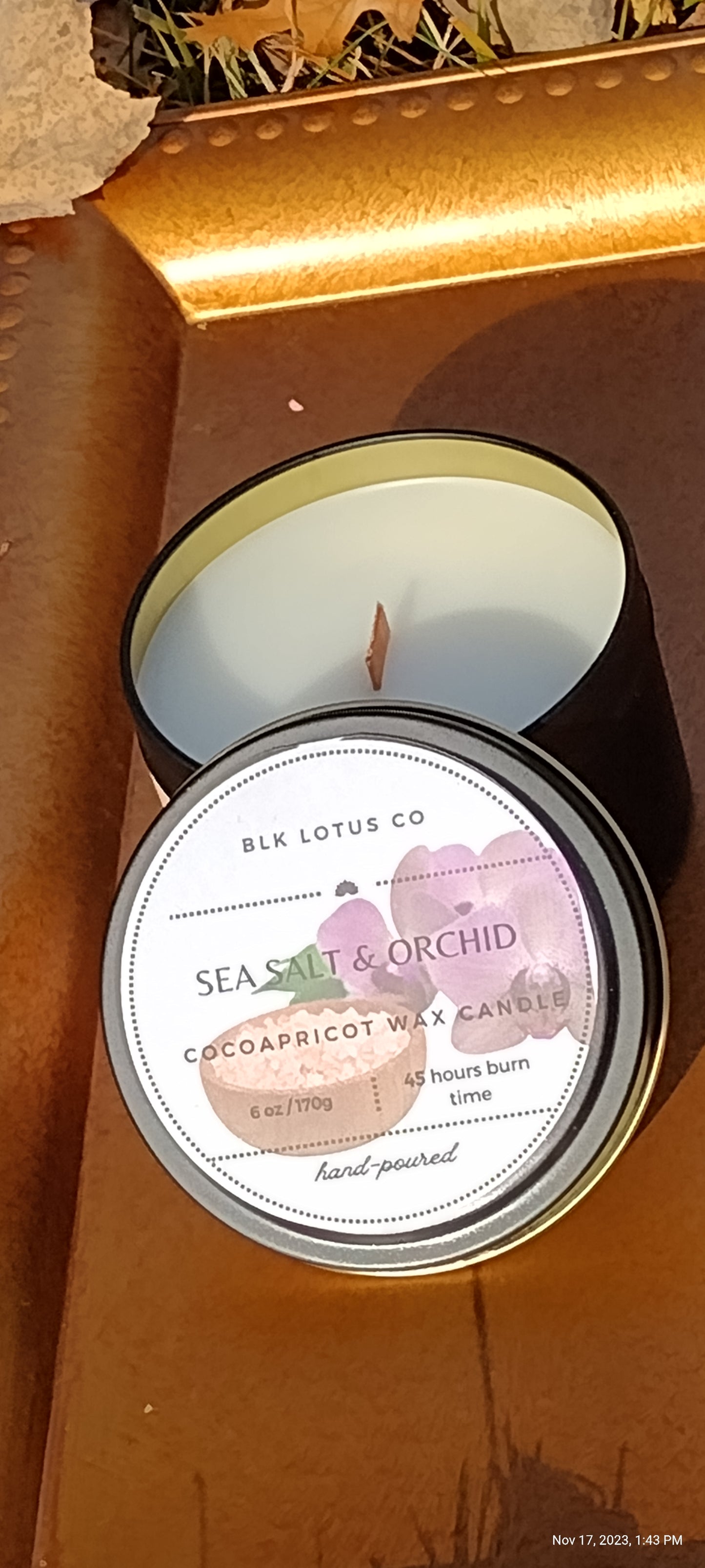 Sea Salt & Orchid Elegance: 6 oz Black Tin Coco Apricot Wax Candle with Wooden Wick