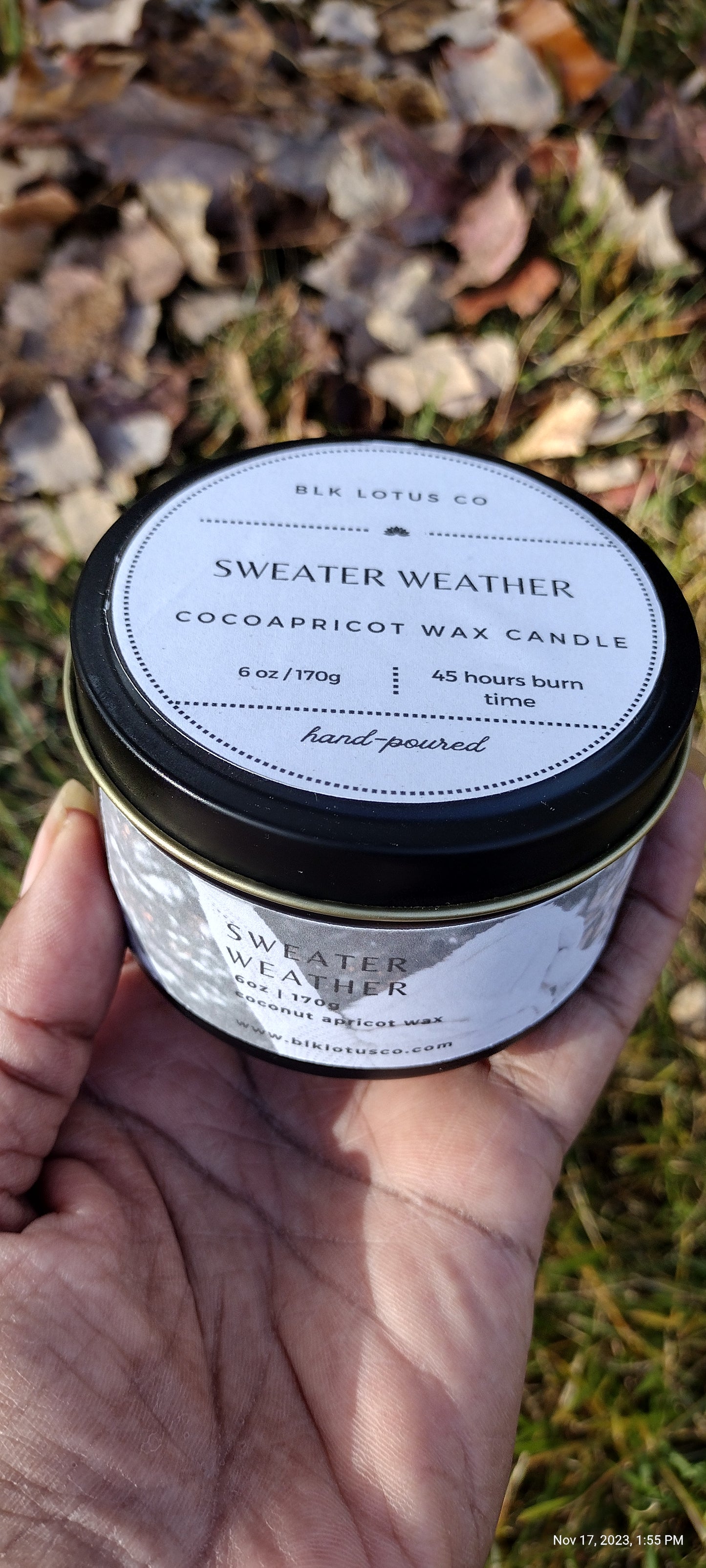 Embrace Cozy Vibes: 6 oz Black Tin Sweater Weather Coco Apricot Wax Candle with Wooden Wick