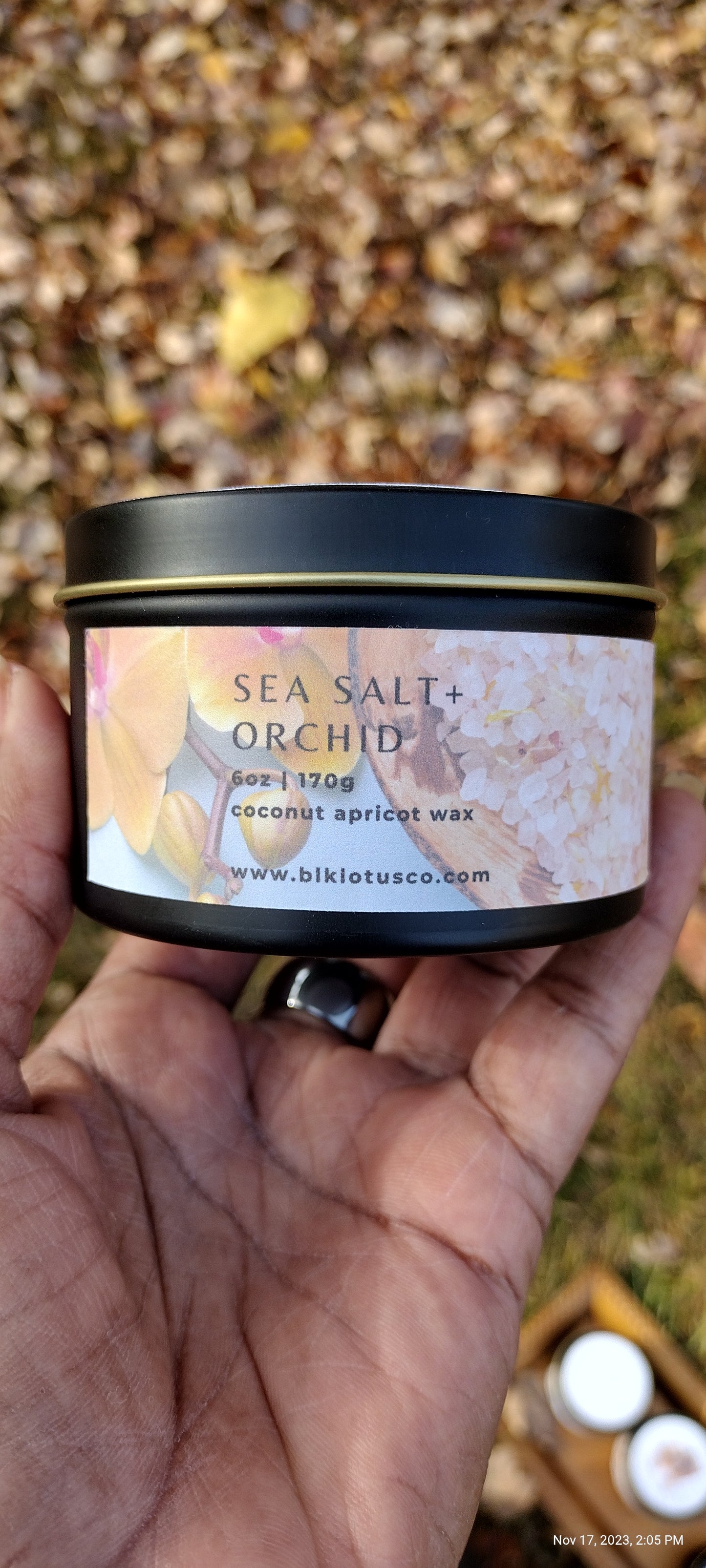 Sea Salt & Orchid Elegance: 6 oz Black Tin Coco Apricot Wax Candle with Wooden Wick