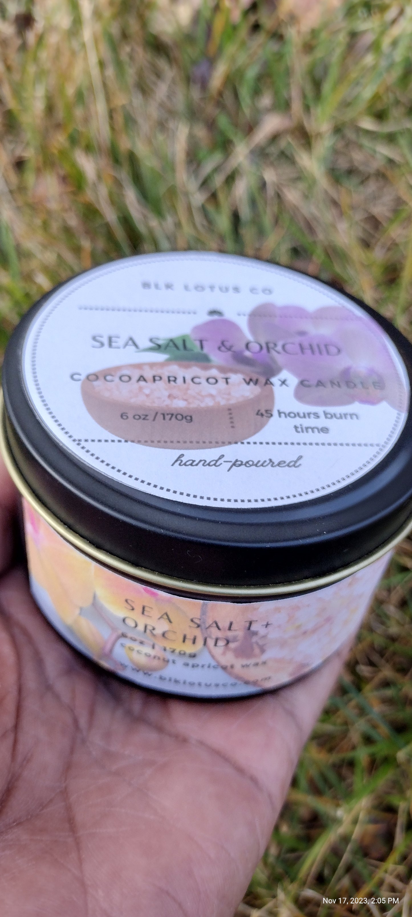 Sea Salt & Orchid Elegance: 6 oz Black Tin Coco Apricot Wax Candle with Wooden Wick