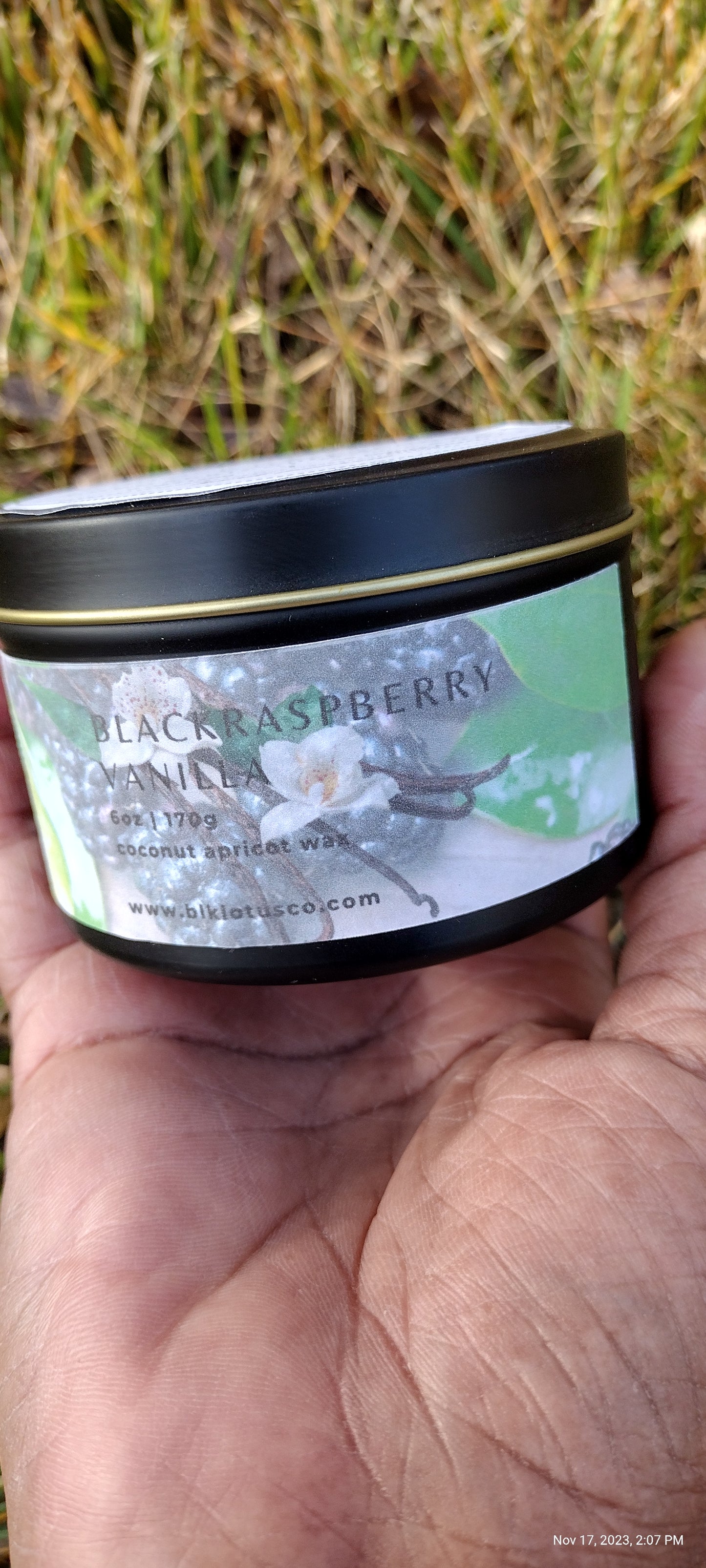 Black Raspberry Vanilla: 6 oz Black Tin Coco Apricot Wax Candle with Wooden Wick"