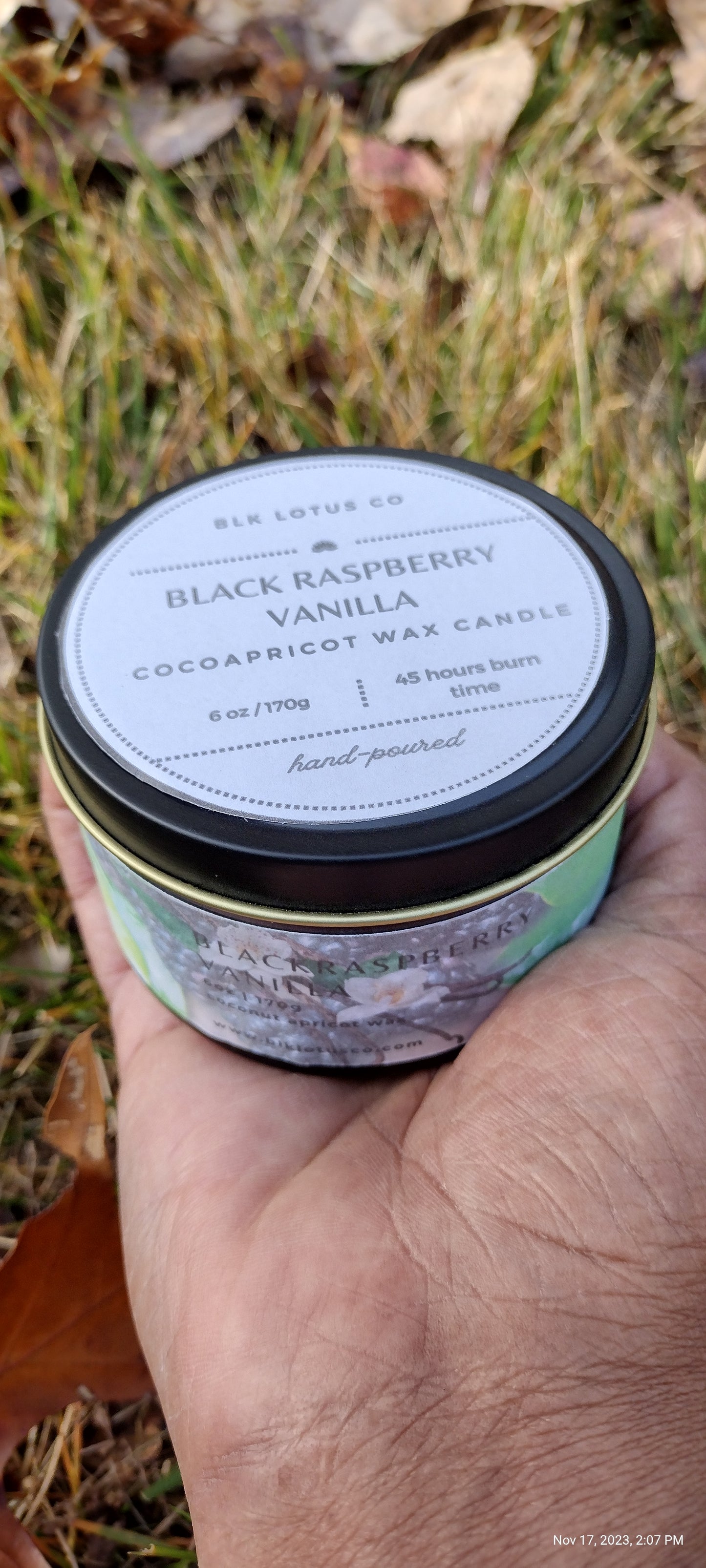 Black Raspberry Vanilla: 6 oz Black Tin Coco Apricot Wax Candle with Wooden Wick"