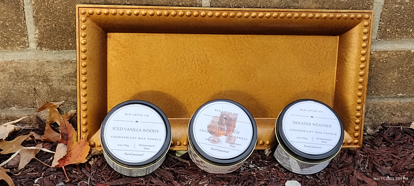 Bourbon & Butterscotch : 6 oz Black Matte Tin Coco Apricot Wax Candle Wooden wick