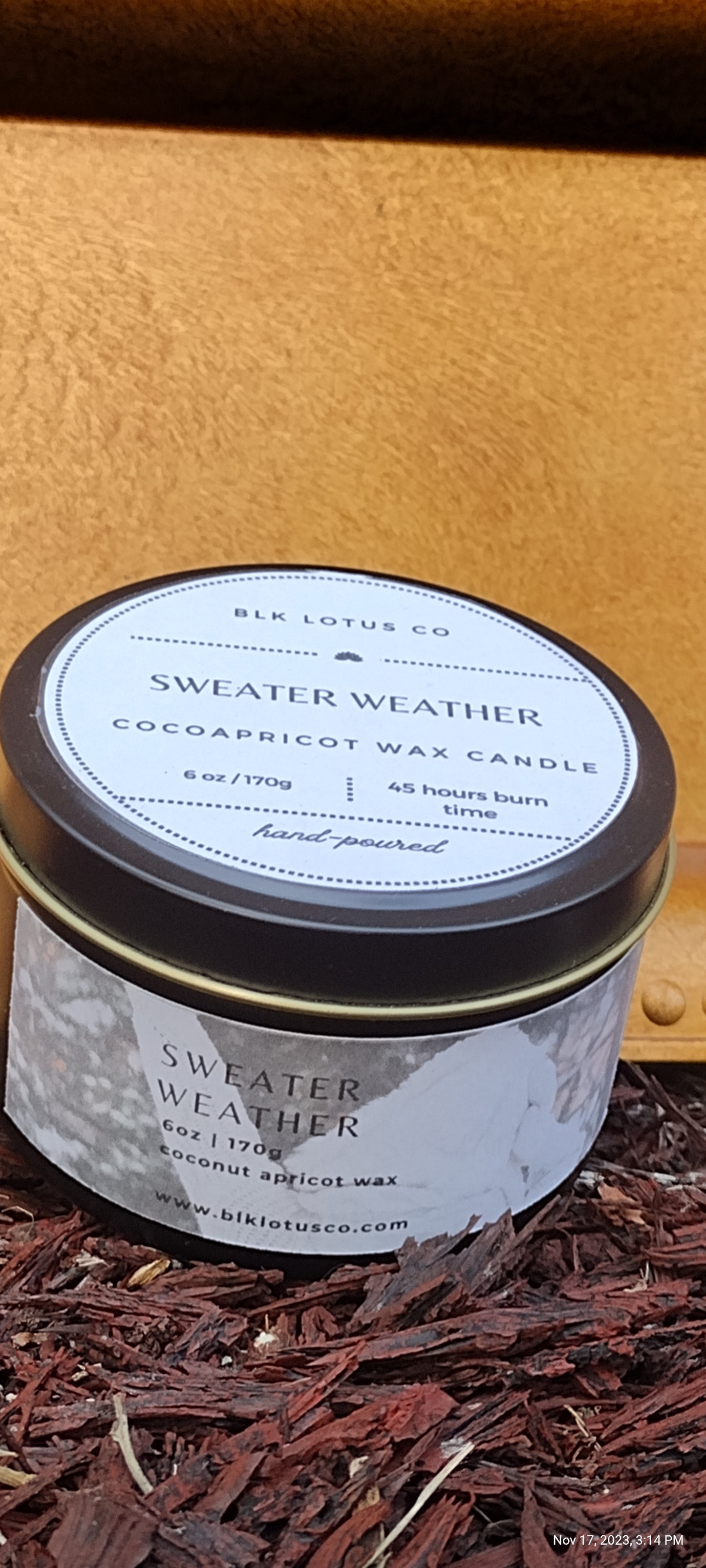 Embrace Cozy Vibes: 6 oz Black Tin Sweater Weather Coco Apricot Wax Candle with Wooden Wick