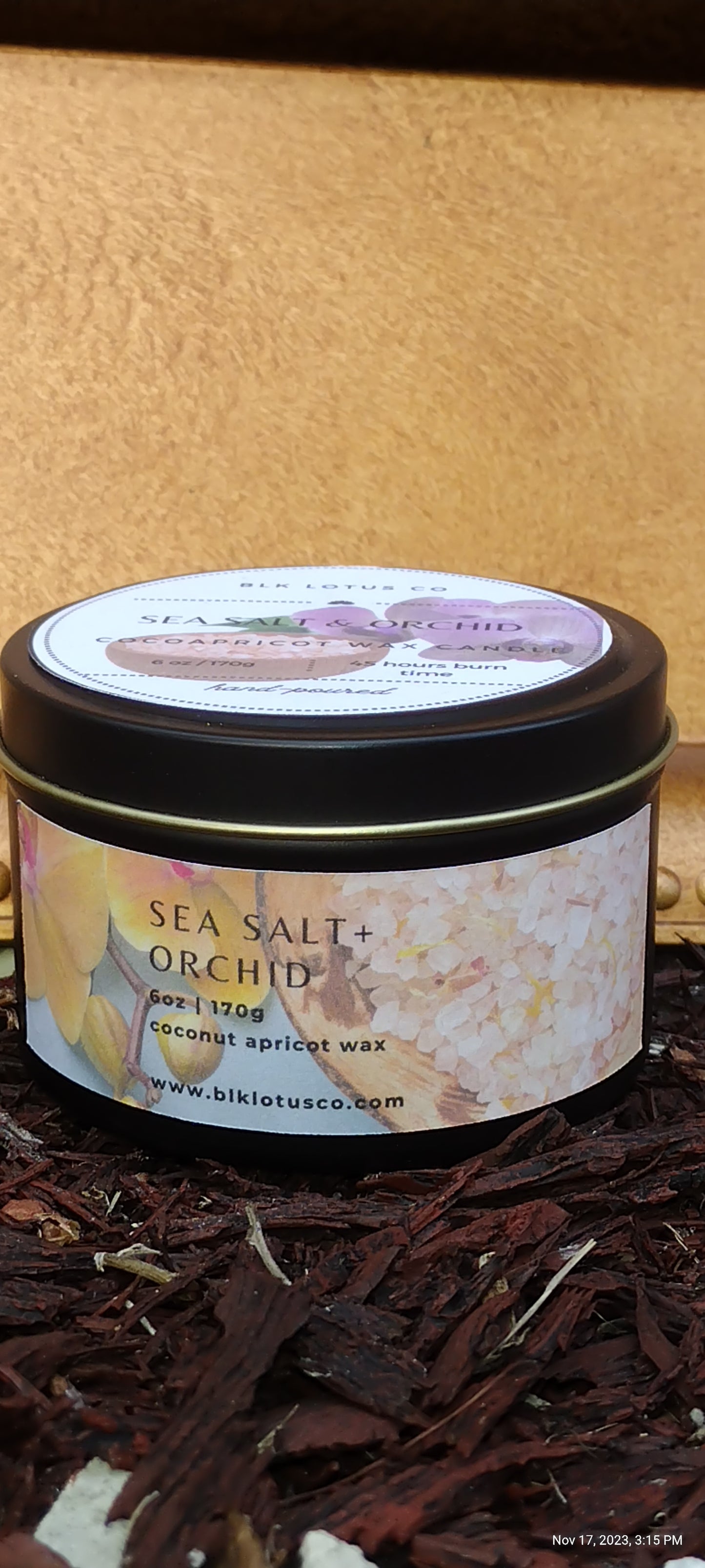 Sea Salt & Orchid Elegance: 6 oz Black Tin Coco Apricot Wax Candle with Wooden Wick