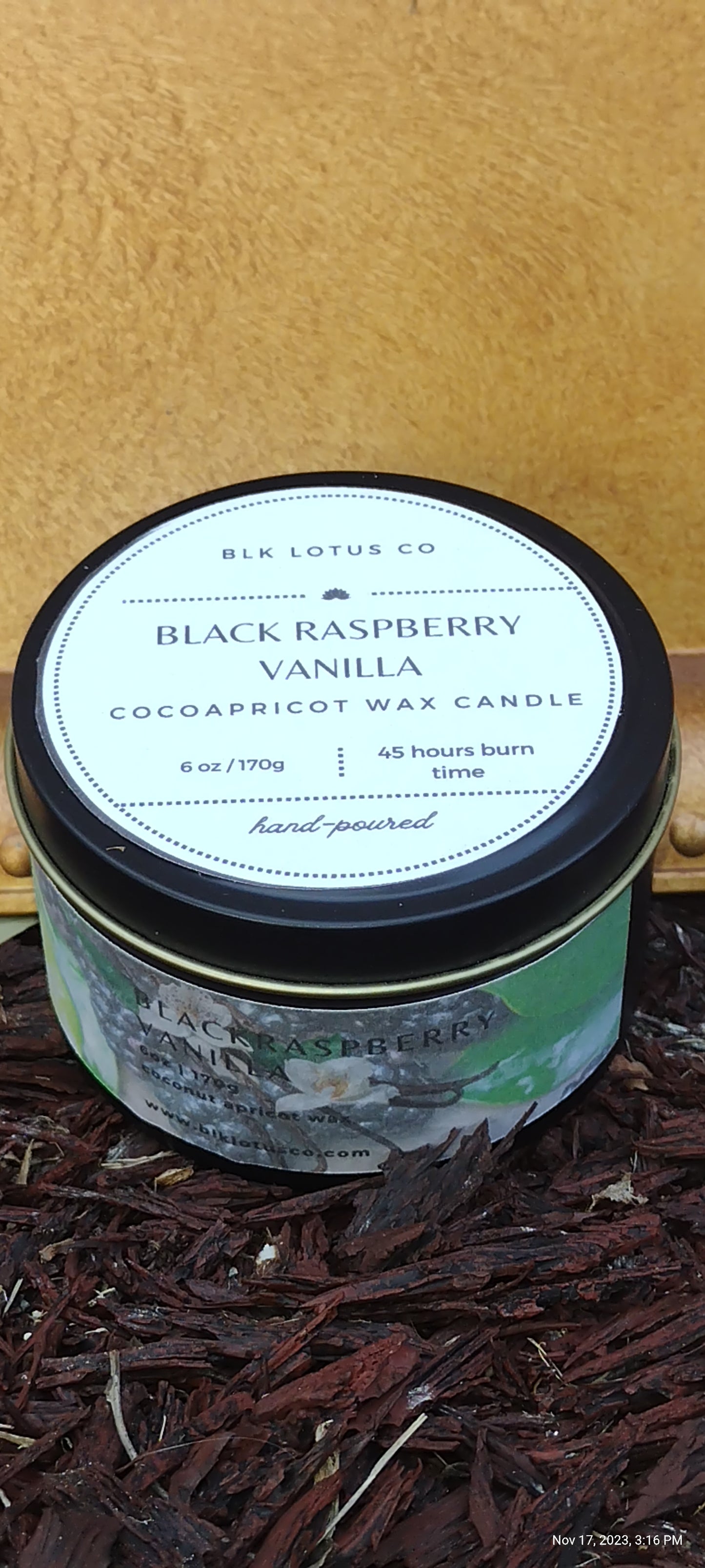 Black Raspberry Vanilla: 6 oz Black Tin Coco Apricot Wax Candle with Wooden Wick"