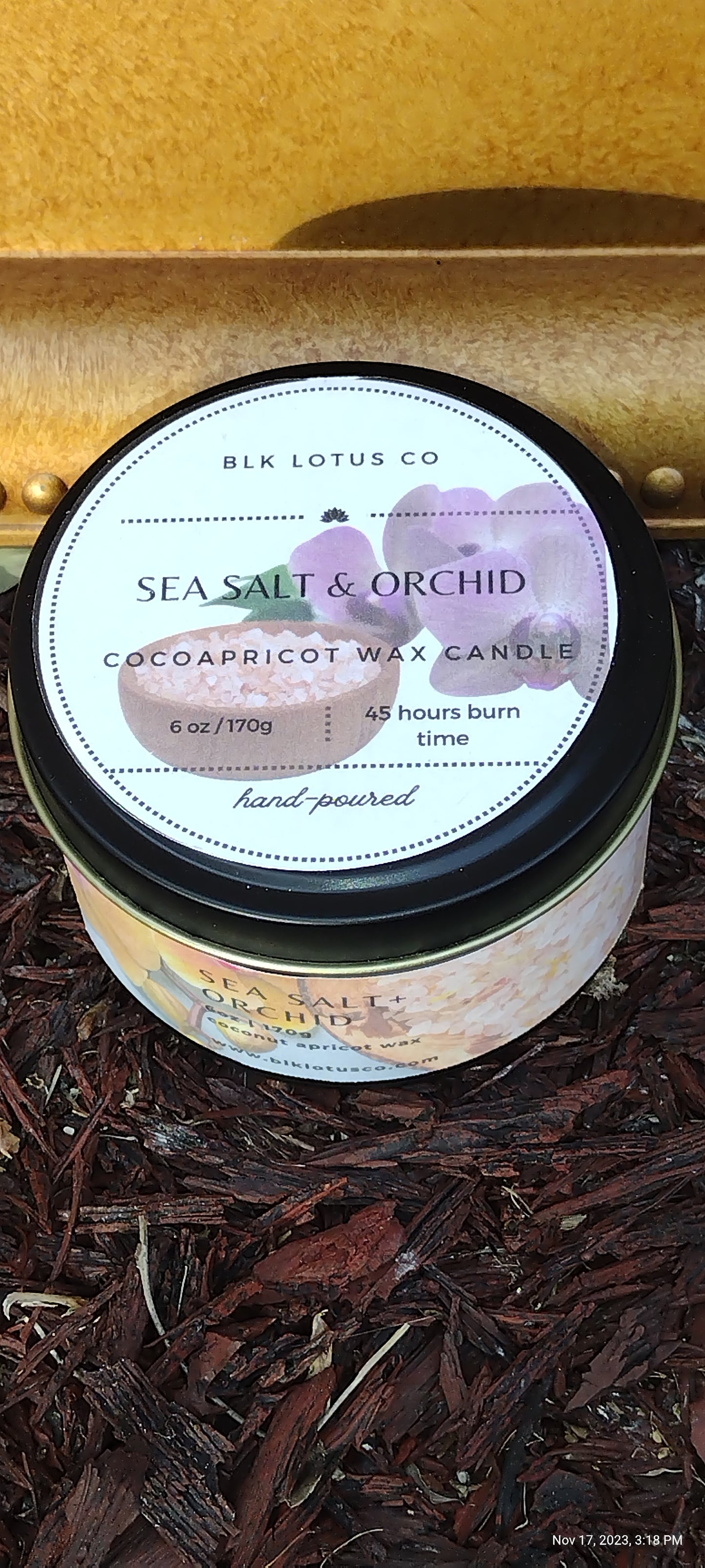 Sea Salt & Orchid Elegance: 6 oz Black Tin Coco Apricot Wax Candle with Wooden Wick