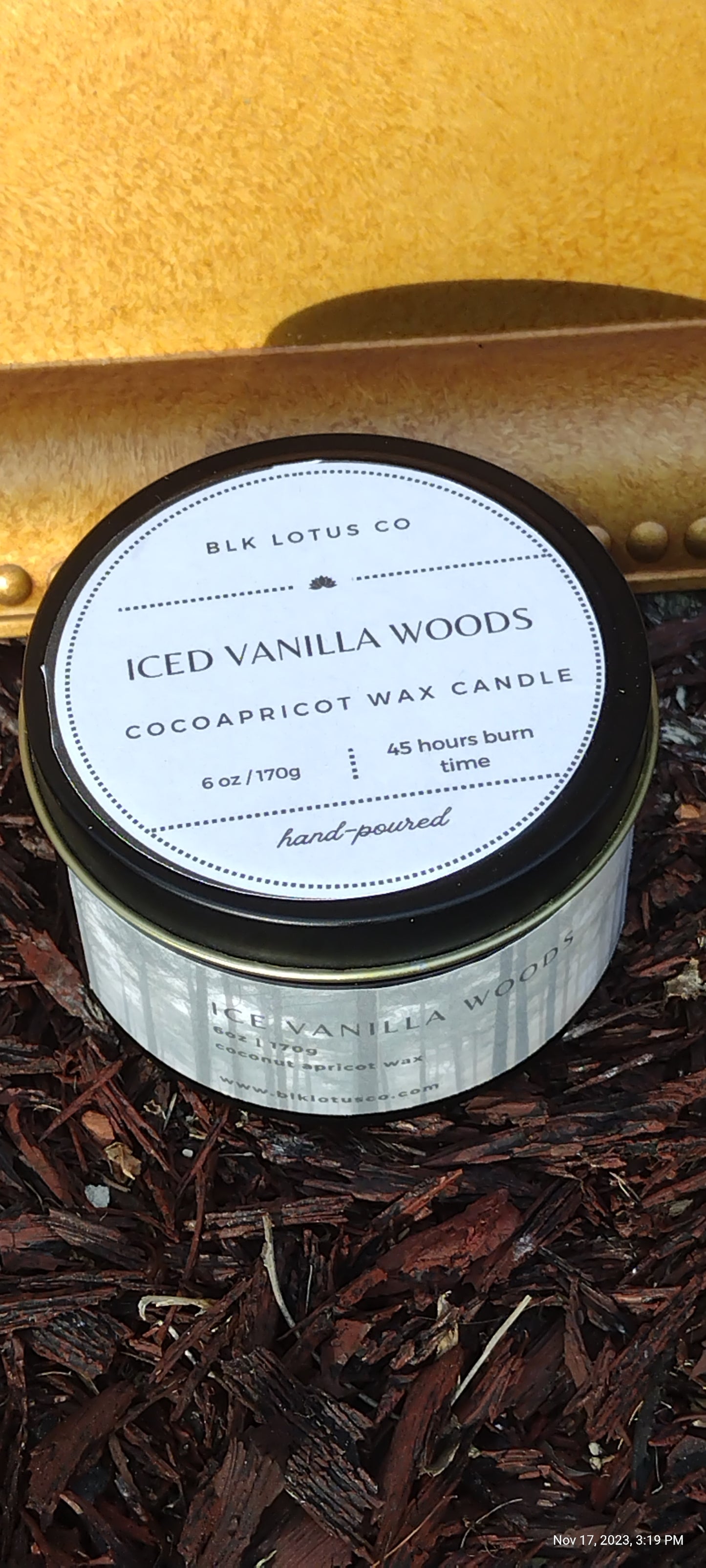 Embrace Cozy Vibes: 6 oz Black Tin Sweater Weather Coco Apricot Wax Candle with Wooden Wick