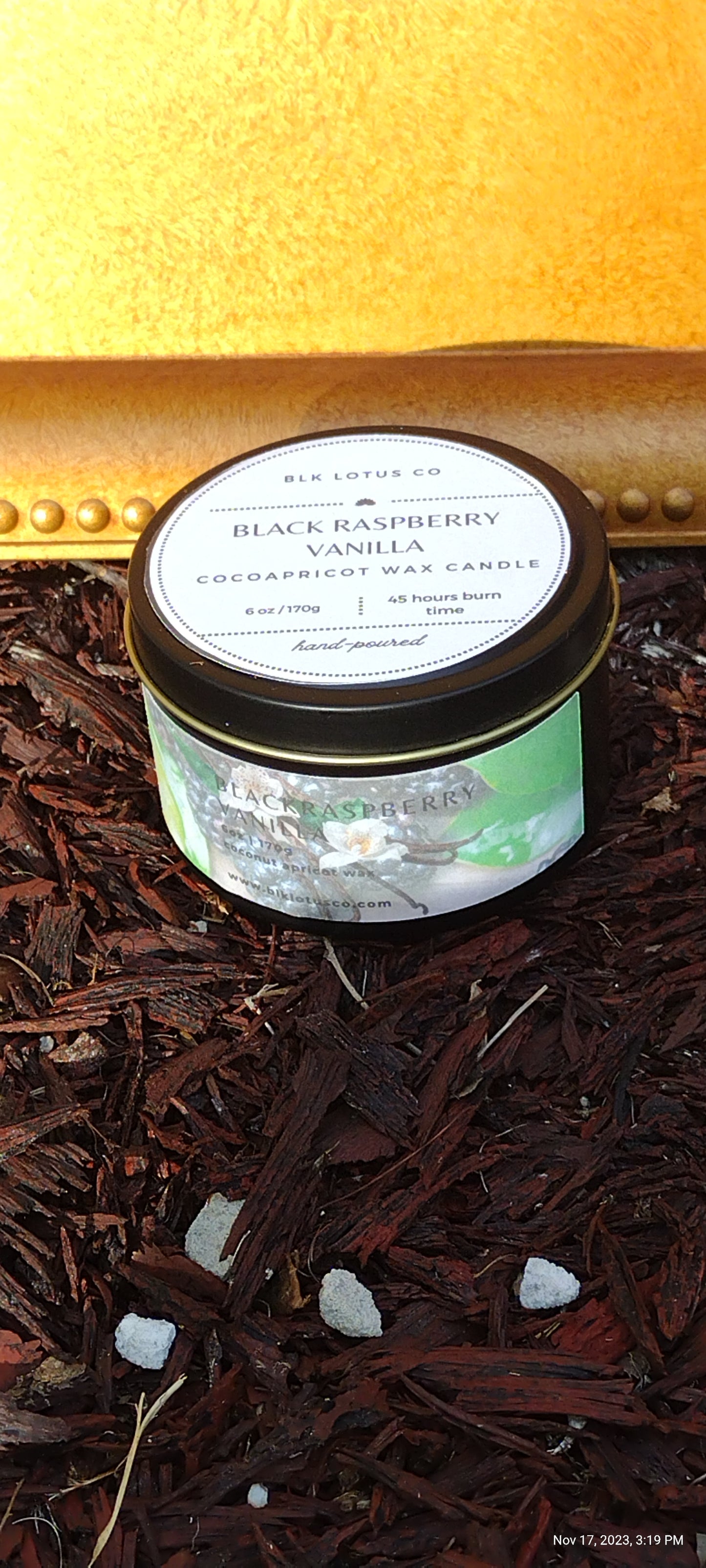 Black Raspberry Vanilla: 6 oz Black Tin Coco Apricot Wax Candle with Wooden Wick"