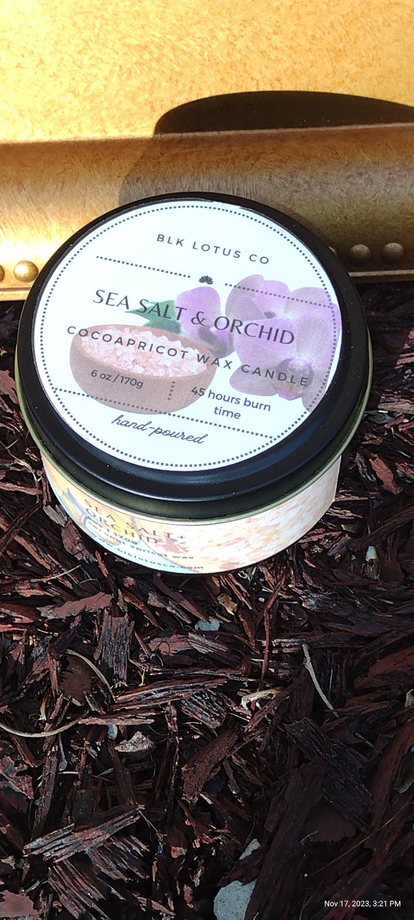 Sea Salt & Orchid Elegance: 6 oz Black Tin Coco Apricot Wax Candle with Wooden Wick